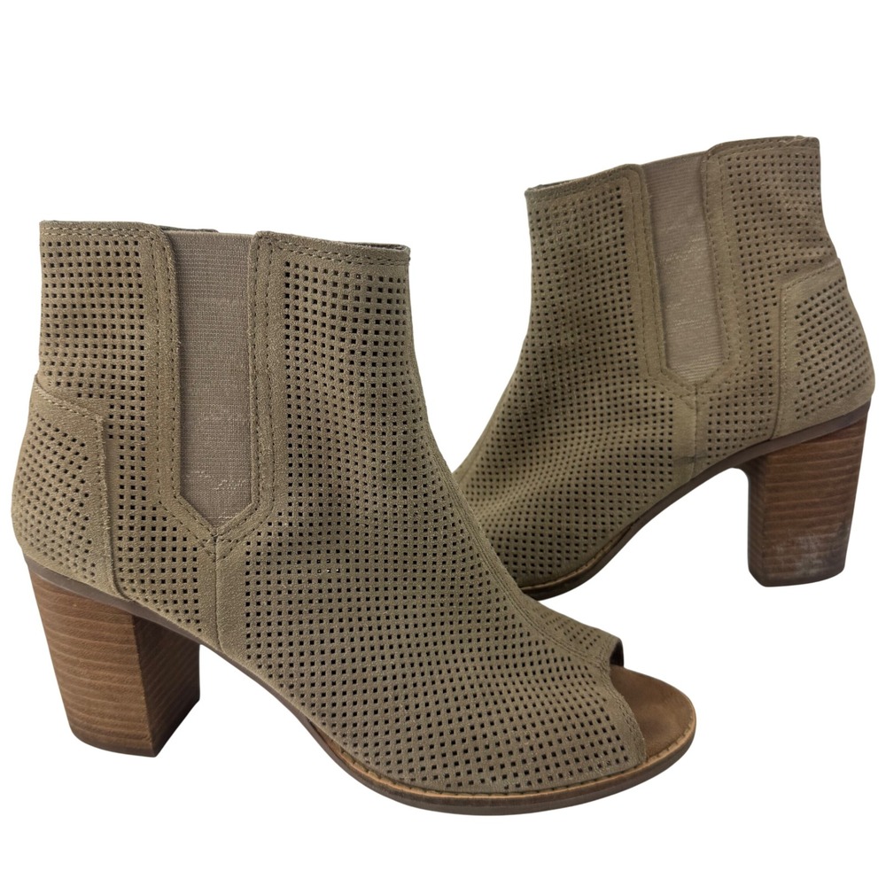 TOMS Majorca Neutral Gray Beige Suede Peep Toe Ankle Booties Chunky Heel‎ Sz 11